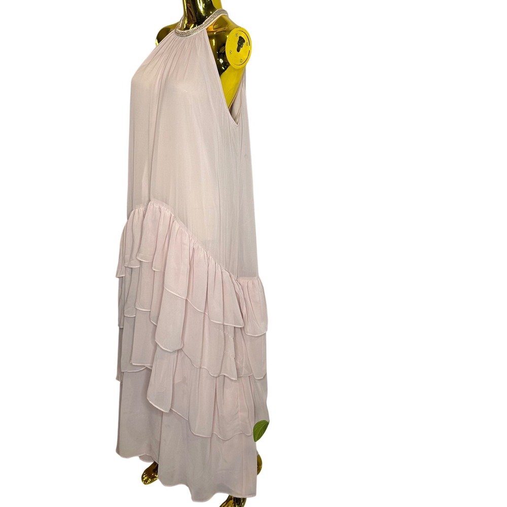Romantic MOTF Blush Pink Halter Maxi Dress Gold Chain Neck Tiered Ruffle Large